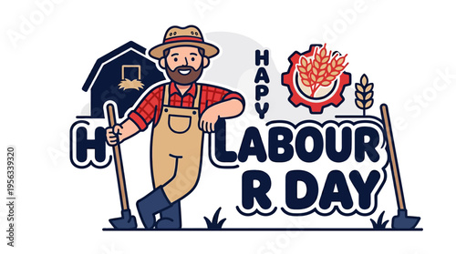 Celebrating Labour Day with a Cartoon Farmer and Festive Elements on a Clear Background