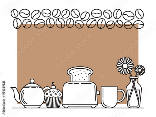 Kitchen utensils and breakfast food items on table