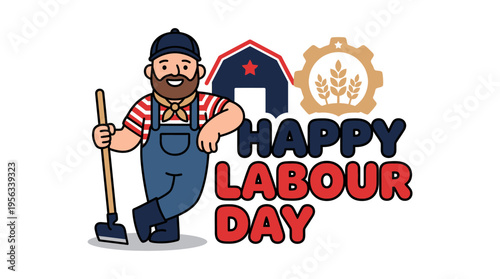Celebratory cartoon illustration of a cheerful worker with a beard and cap holding a mop next to a festive message for Labour