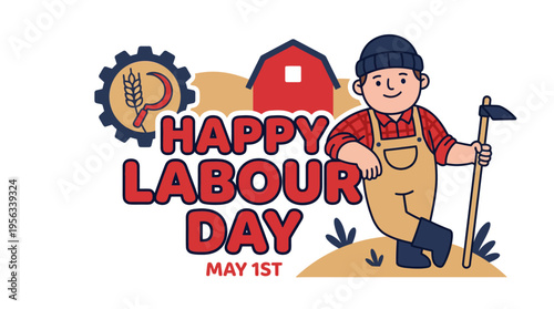 Celebrating Labour Day with cheerful cartoon worker and festive symbols for May 1st holiday design