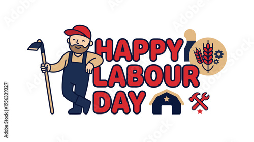 Celebrating Labour Day with a cheerful male worker holding a pickaxe alongside festive icons and symbols in a colorful cartoon