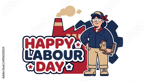 Celebrating Labour Day with a cartoon worker in industrial environment highlighting worker appreciation and industrial