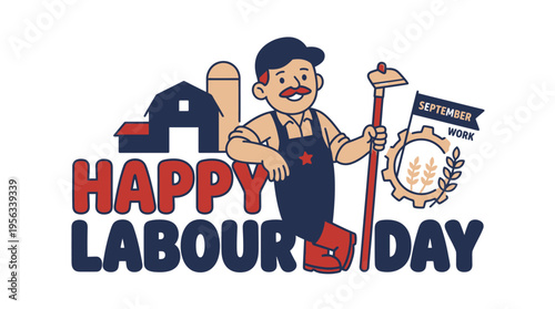 Festive Illustration Celebrating Labour Day with a Charming Worker Character and Seasonal Symbols Emphasizing Hard Work and