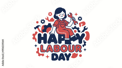 Celebration of Labour Day with a cheerful cartoon woman holding a wrench amid gears and tools emphasizing worker appreciation
