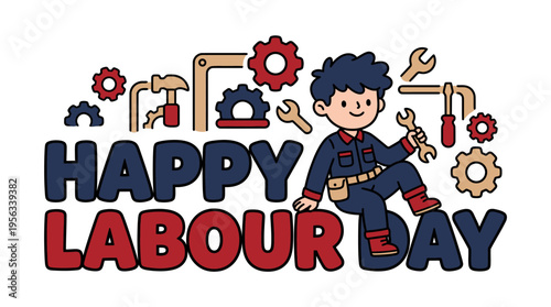 Celebrating Labour Day with an energetic cartoon worker engaging in maintenance activities and surrounded by gears and tools in