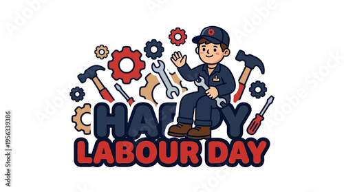 Bright and cheerful illustration celebrating Labour Day with a cheerful worker and tools