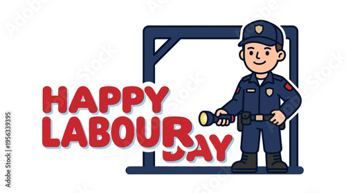 Celebrating Labour Day with a Friendly Police Officer Holding a Torch in a Festive Illustration