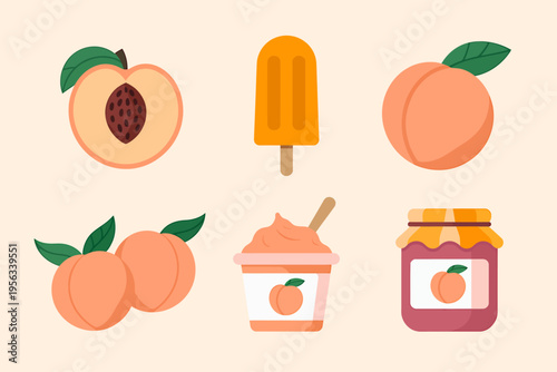 Peach fruit and dessert icons collection