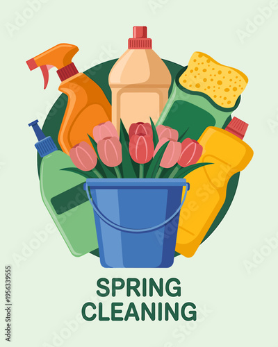 Spring cleaning supplies and tulips