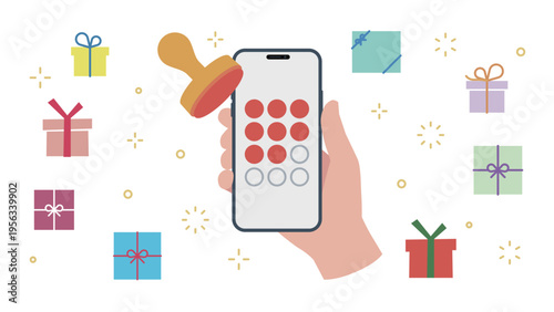 smartphone held in hand, a membership app, a stamp card, and a gift, variable stroke widths