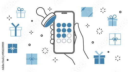 smartphone held in hand, a membership app, a stamp card, and a gift, variable stroke widths