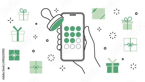 smartphone held in hand, a membership app, a stamp card, and a gift, variable stroke widths