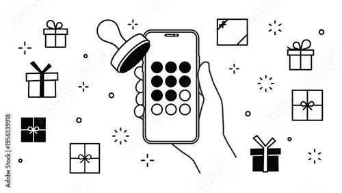 smartphone held in hand, a membership app, a stamp card, and a gift, variable stroke widths