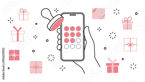 smartphone held in hand, a membership app, a stamp card, and a gift, variable stroke widths