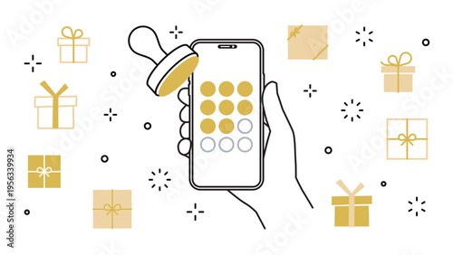 smartphone held in hand, a membership app, a stamp card, and a gift, variable stroke widths