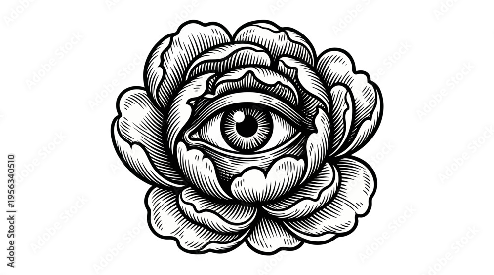 Naklejka premium Black-white illustration of an eye nestled in a flower, centered on a plain backdrop, viewed head-on, evoking mystic insight and vigilant symbolism