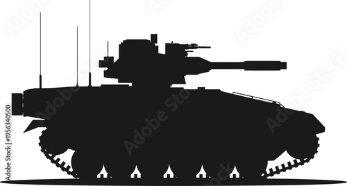 Black silhouette of modern armored military tank with turret cannon, antennas, and tracked wheels isolated on white background for defense, war technology, and military design concepts.