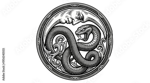 Coiled snake hissing within ornate circular frame, grayscale illustration captured from frontal viewpoint as striking emblem design