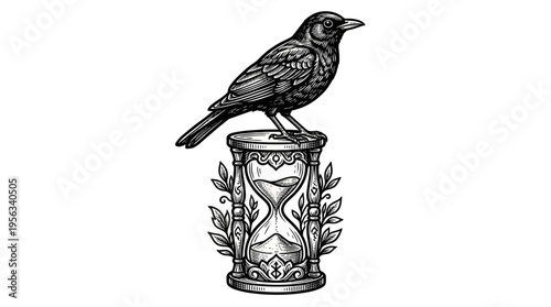 Contemplative Crow Perched on Ornate Hourglass, Symbolizing Vigilance and Time in a Minimalist Monochrome Illustration from a Front View