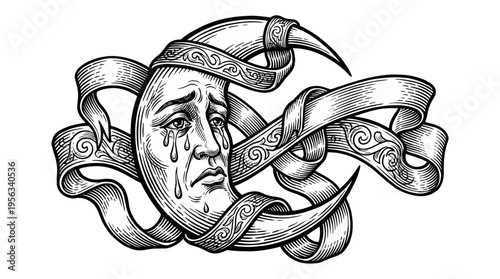 Crying Moon Illustration with Celtic Ribbon in Crisscross Design, Viewed from Left Side on Plain White Background, Evoking Sadness and Melancholic Mood