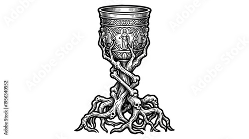 Close‑up black‑and‑white digital illustration of a ceremonial goblet featuring a cross, twisted rope stem, rooted base and extending tendrils