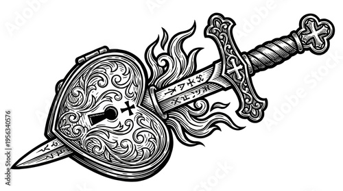 A fierce sword ignites with flames beside an ornate shield, illustrated in stark black-white contrast, viewed from a frontal perspective