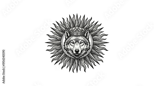 Front view of a detailed wolf head illustration centered on a white backdrop, encircled by a radiant sunburst, conveying power and timeless contrast