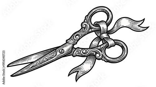 Ornate Scissors with Flowing Ribbons Illustrated in Black and White from a Dynamic Top-Right Viewpoint