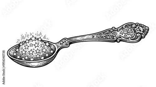 Ornate floral spoon illustration showcasing decorative handle and sugar fill, captured from side view on plain white backdrop