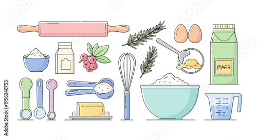 Baking ingredients and kitchen utensils collection.
