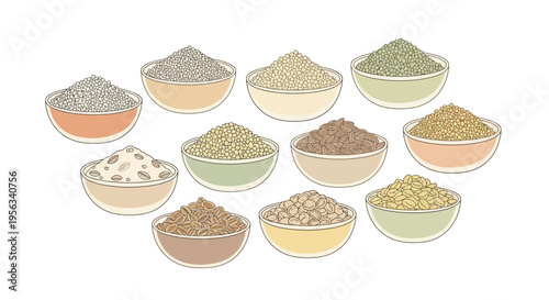 Variety of colorful spice bowls.