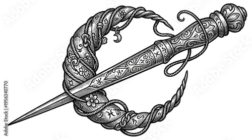 Intricate black-and-white illustration of a dagger wrapped in a wreath, showcasing elegance and craftsmanship from a frontal viewpoint