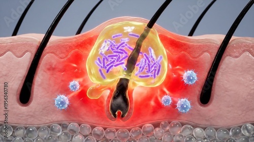 Microscopic 3D render of an inflamed epidermal layer featuring a swollen pus filled follicle infected by microscopic pathogens