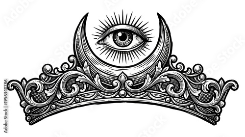 Close-up view of a black‑white illustration showcasing a tiara with floral base, crescent moon and detailed eye, captured from a frontal perspective