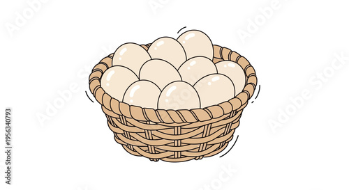 Brown wicker basket full of eggs.