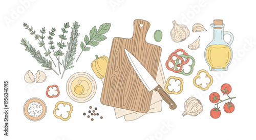 Cutting Board with Kitchen Utensils.