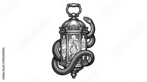 Close-up illustration of a dark gray lantern pendant wrapped by a snake, displayed against a white backdrop, emphasizing mystery and elegance