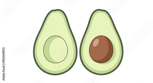 Avocado halves with brown pit inside.