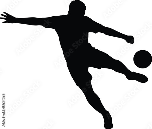 Action silhouette of a professional soccer player jumping in mid-air to kick a ball during an intense football match isolated on a white background.