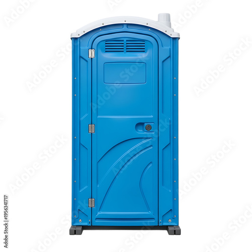 A blue portable toilet with a white roof on isolated transparent background