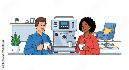 Colleagues Chatting Over Coffee in Office Lounge