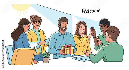 Corporate Team Welcoming New Hire With Gifts