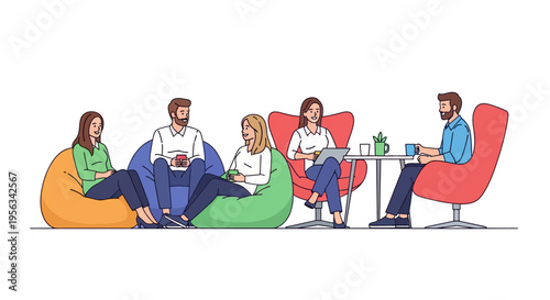 Coworkers Socializing on Bean Bags During Break