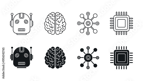 Collection of robotic and electronic circuit illustrations with brain imagery