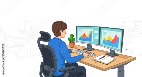 Focused Employee at Ergonomic Dual Monitor Desk