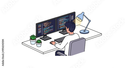 Professional Working at Dual Monitor Desk Setup