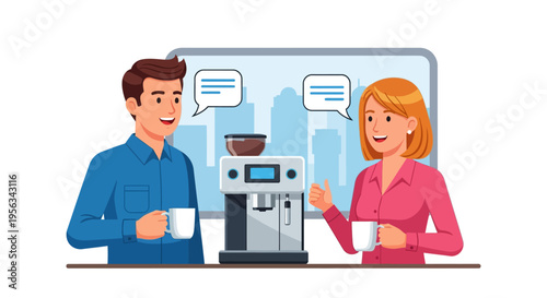 Smiling Coworkers Chatting by Office Coffee Machine
