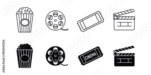Film and cinema icon set in black and white