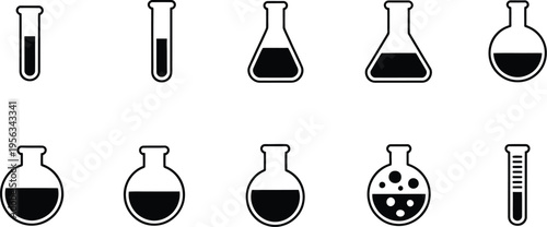 Laboratory glassware icon set, flasks, test tubes, and beakers vector, science experiment symbols, chemistry lab equipment illustration