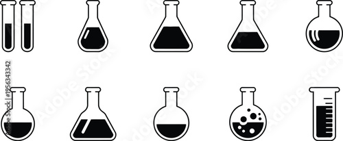 Laboratory glassware icon set, flasks, test tubes, and beakers vector, science experiment symbols, chemistry lab equipment illustration